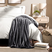 Microplush blanket laid out over a bed and folded back over itself