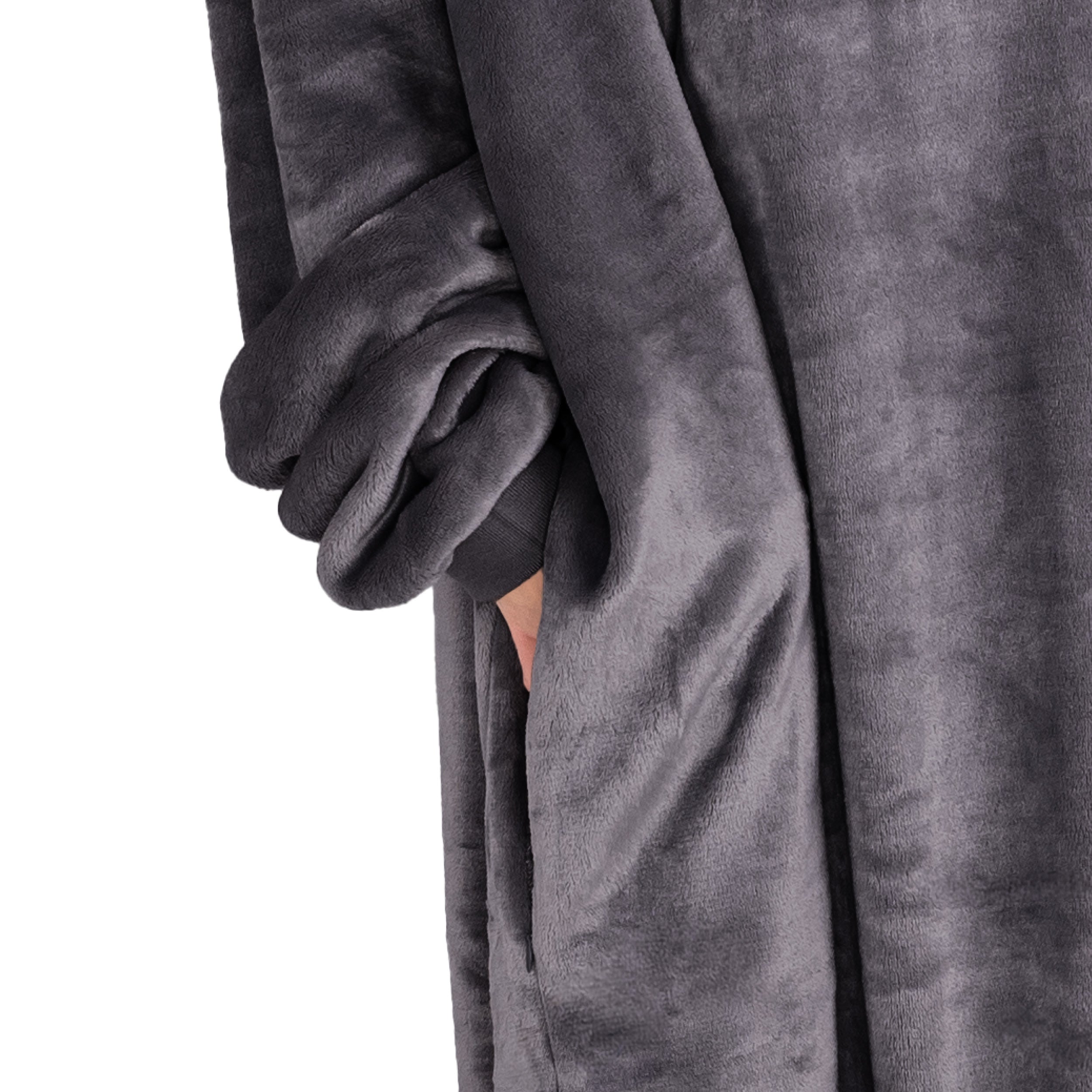 Close up of a side pocket on a microplush wearable blanket