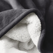 Close up of sherpa blanket showing texture of velvety soft side and sherpa backing
