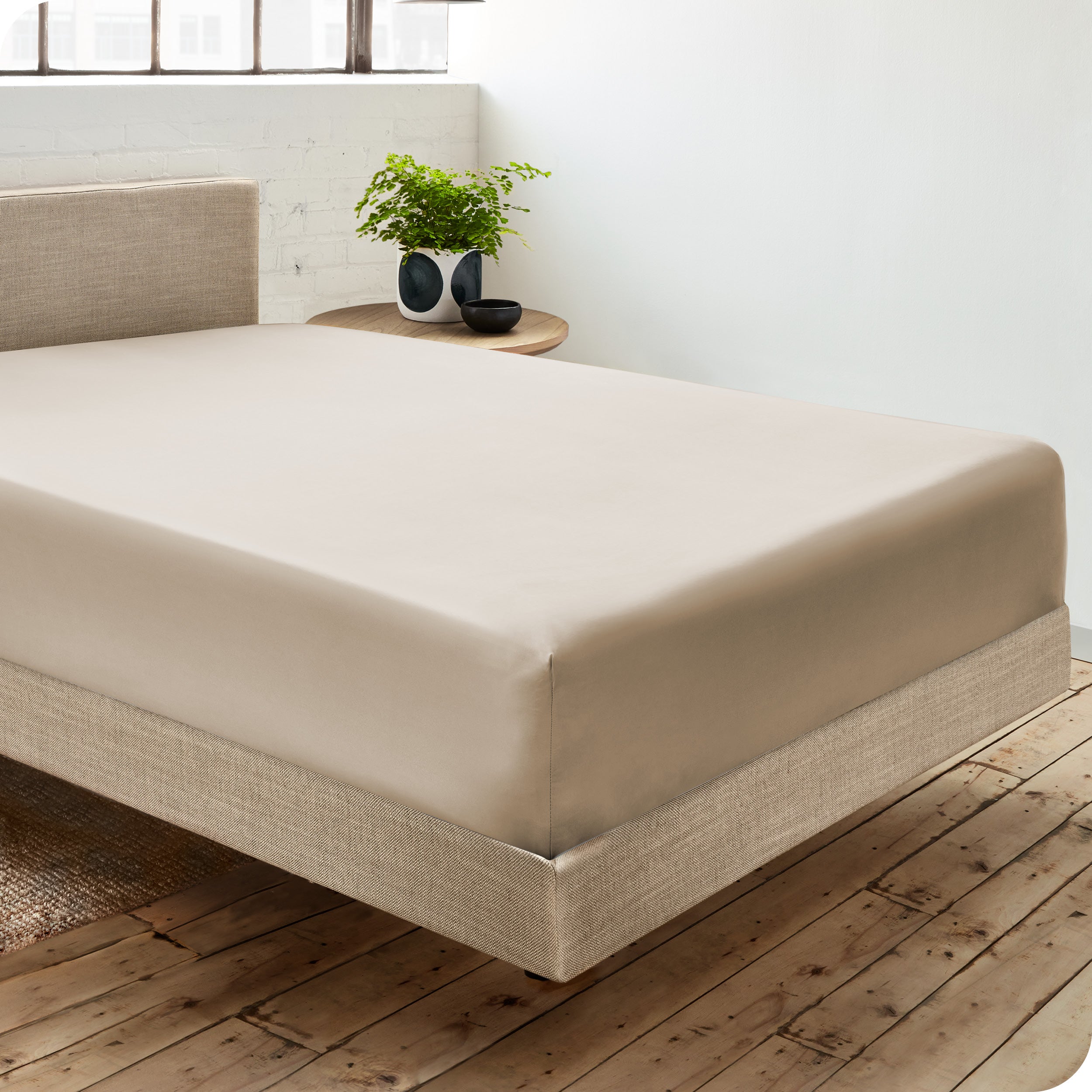 A single organic cotton fitted sheet on a bed