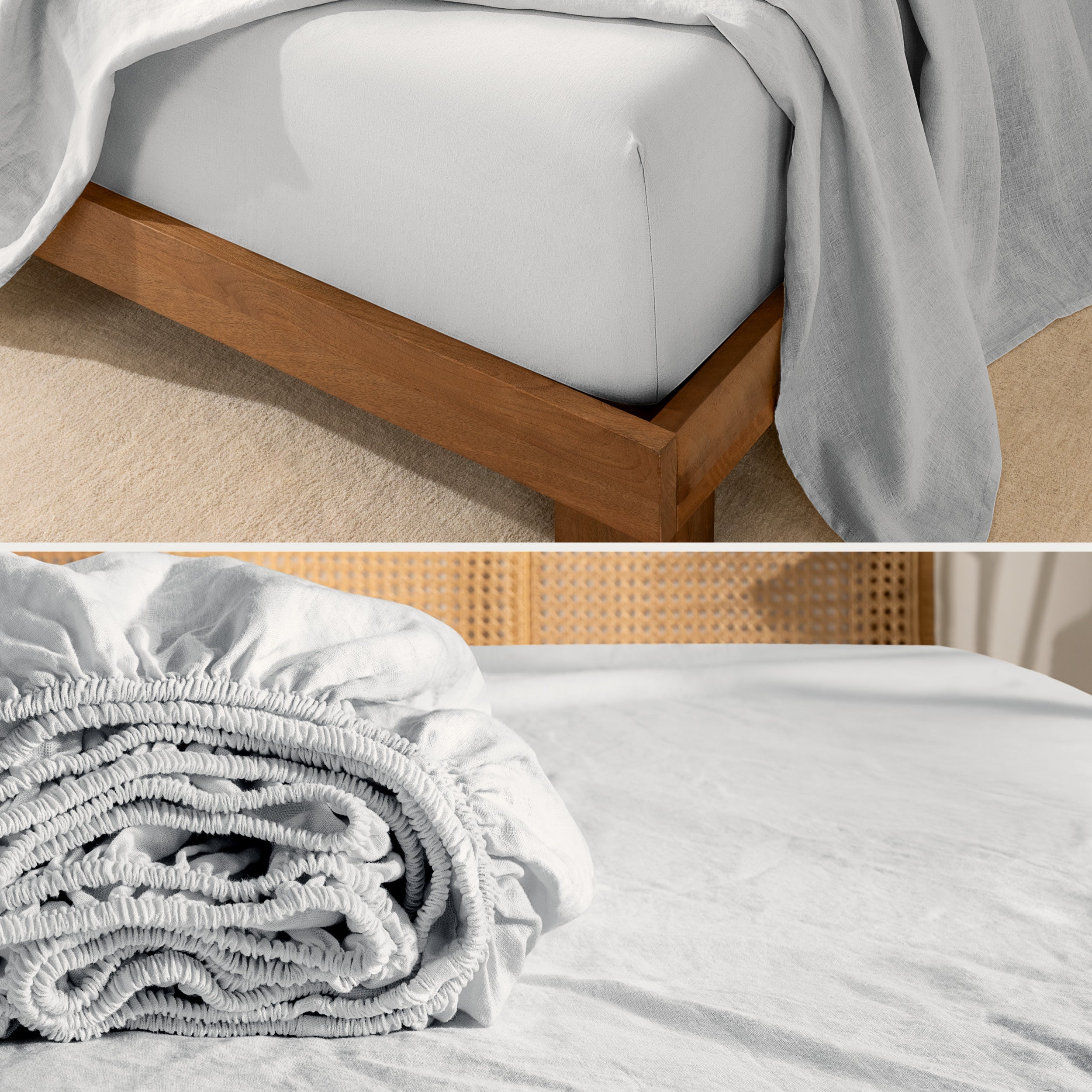 Close up of linen sheet set on a mattress and folded