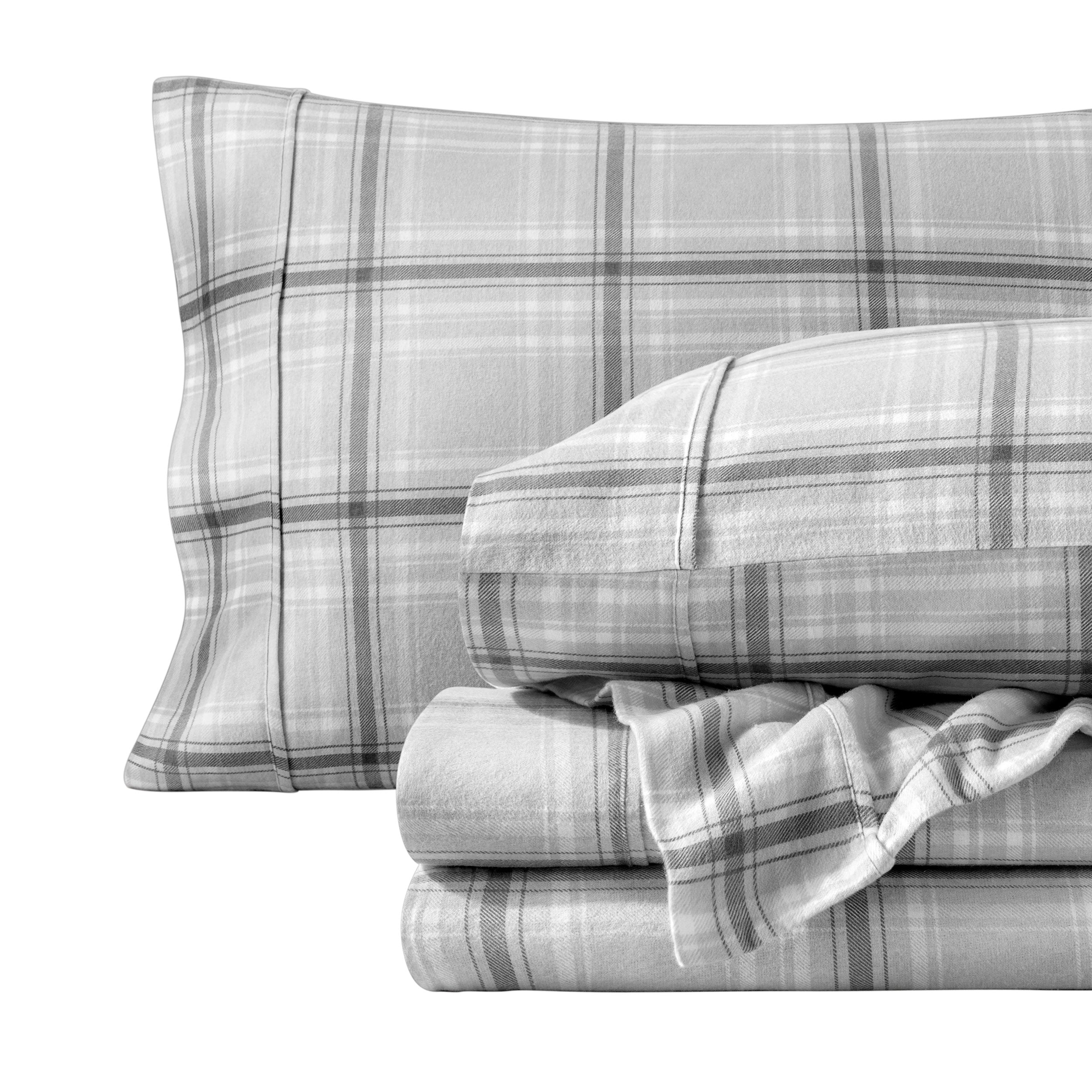 Plaid flannel sheets folded and stacked