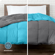 An image divided in two sides showing different side's color of reversible comforter on a bed.