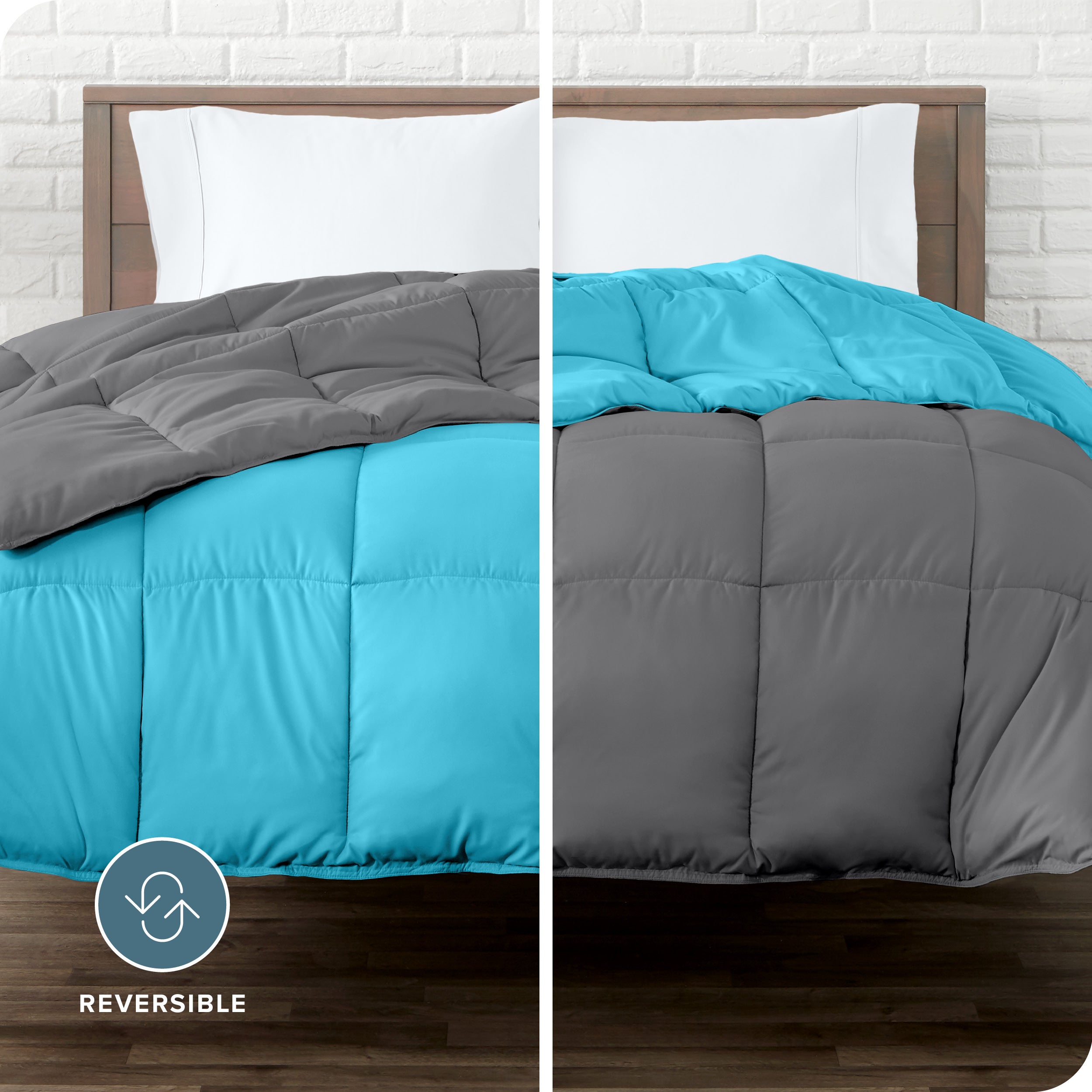 An image divided in two sides showing different side's color of reversible comforter on a bed.