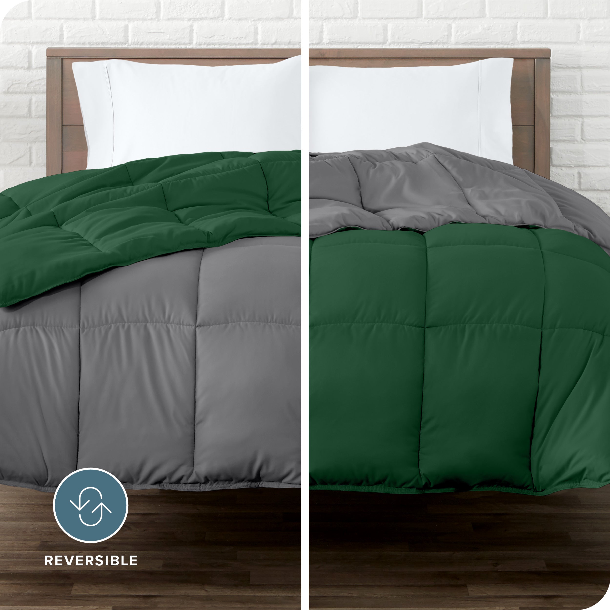 An image divided in two sides showing different side's color of reversible comforter on a bed.