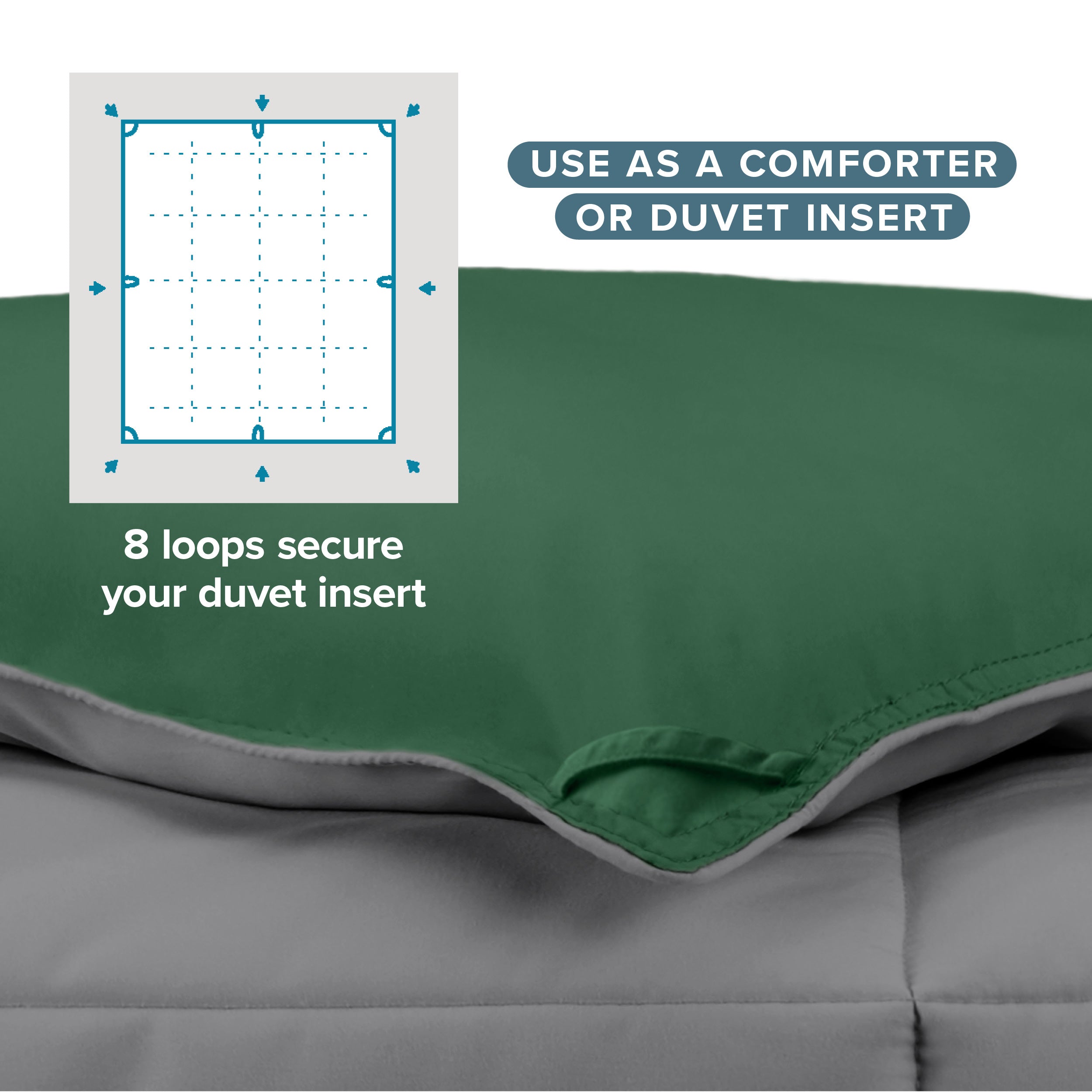 The 8 loops of the comforter used to attach a duvet cover.