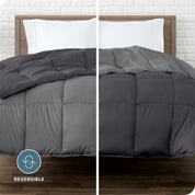 An image divided in two sides showing different side's color of reversible comforter on a bed.