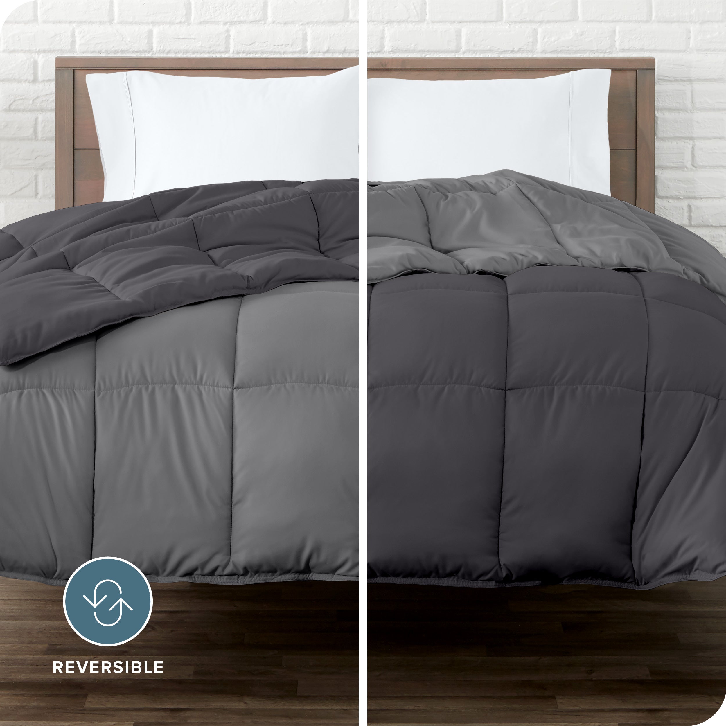 An image divided in two sides showing different side's color of reversible comforter on a bed.