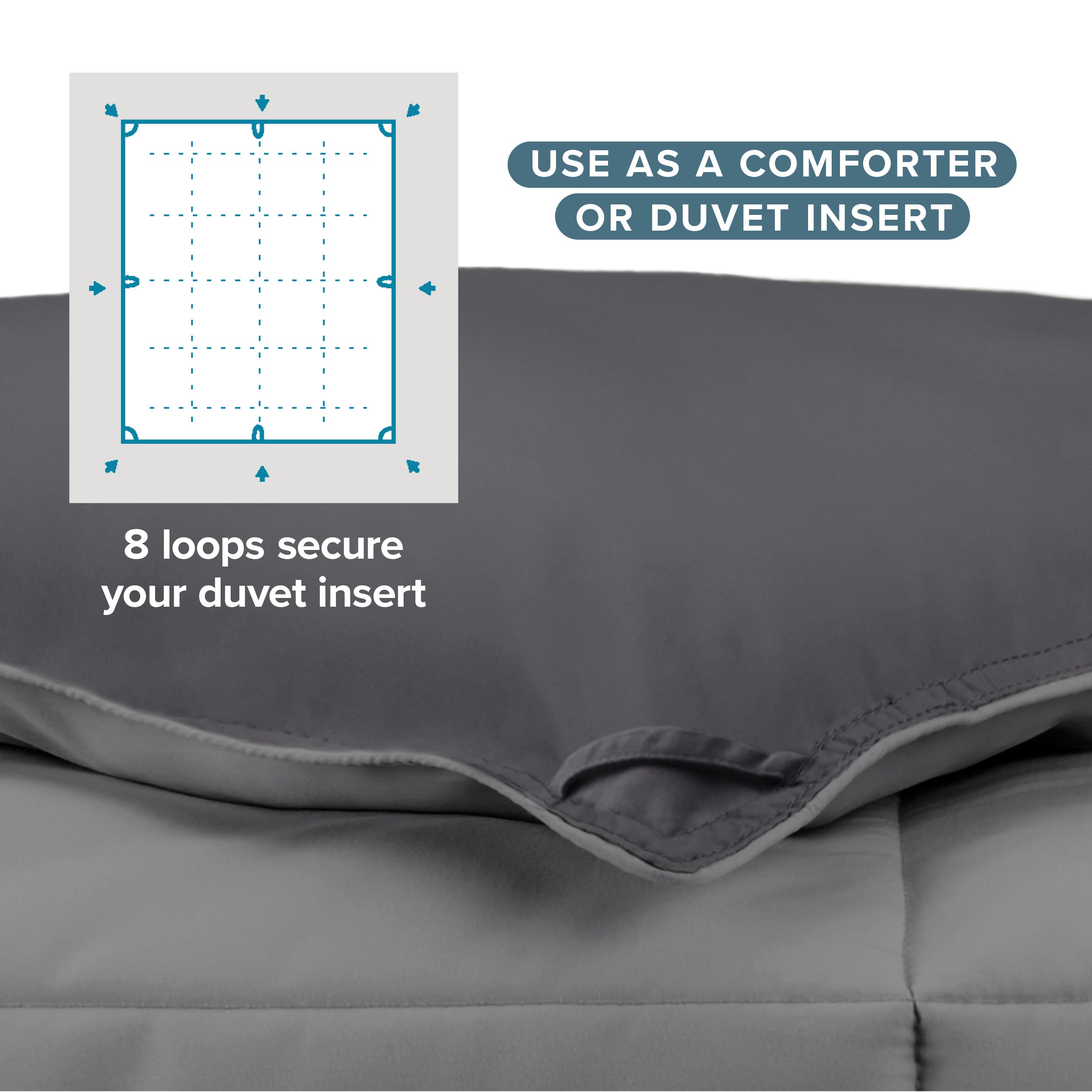 The 8 loops of the comforter used to attach a duvet cover.