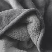 Close up of sherpa blanket showing texture of velvety soft side and sherpa backing