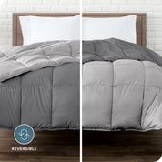 An image divided in two sides showing different side's color of reversible comforter on a bed.