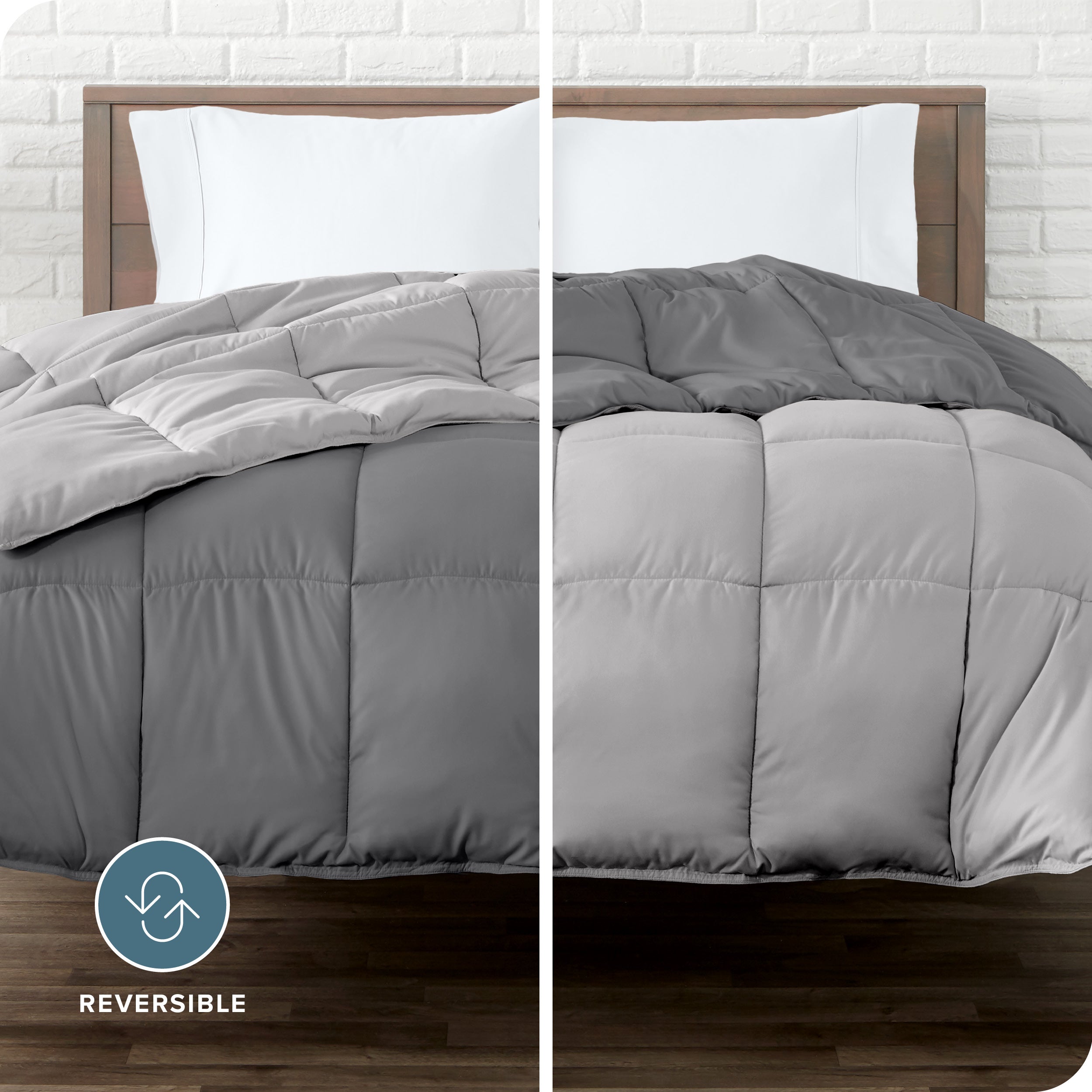 An image divided in two sides showing different side's color of reversible comforter on a bed.