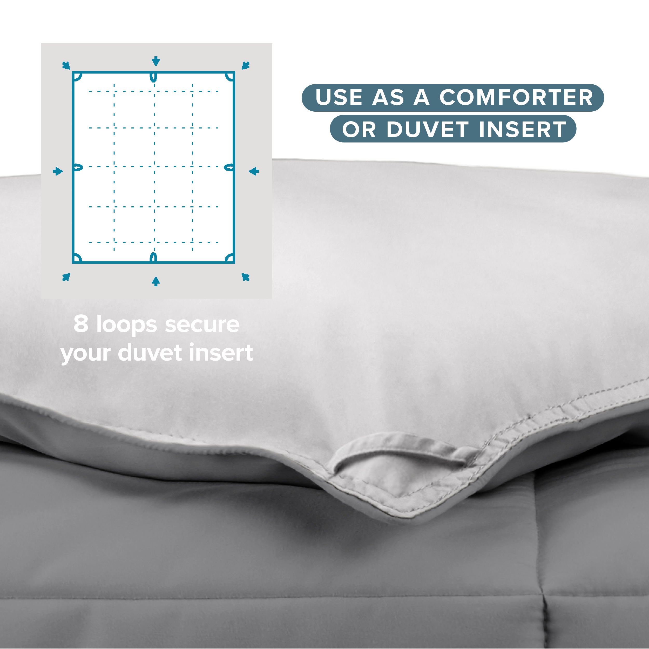 The 8 loops of the comforter used to attach a duvet cover.