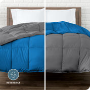 An image divided in two sides showing different side's color of reversible comforter on a bed.