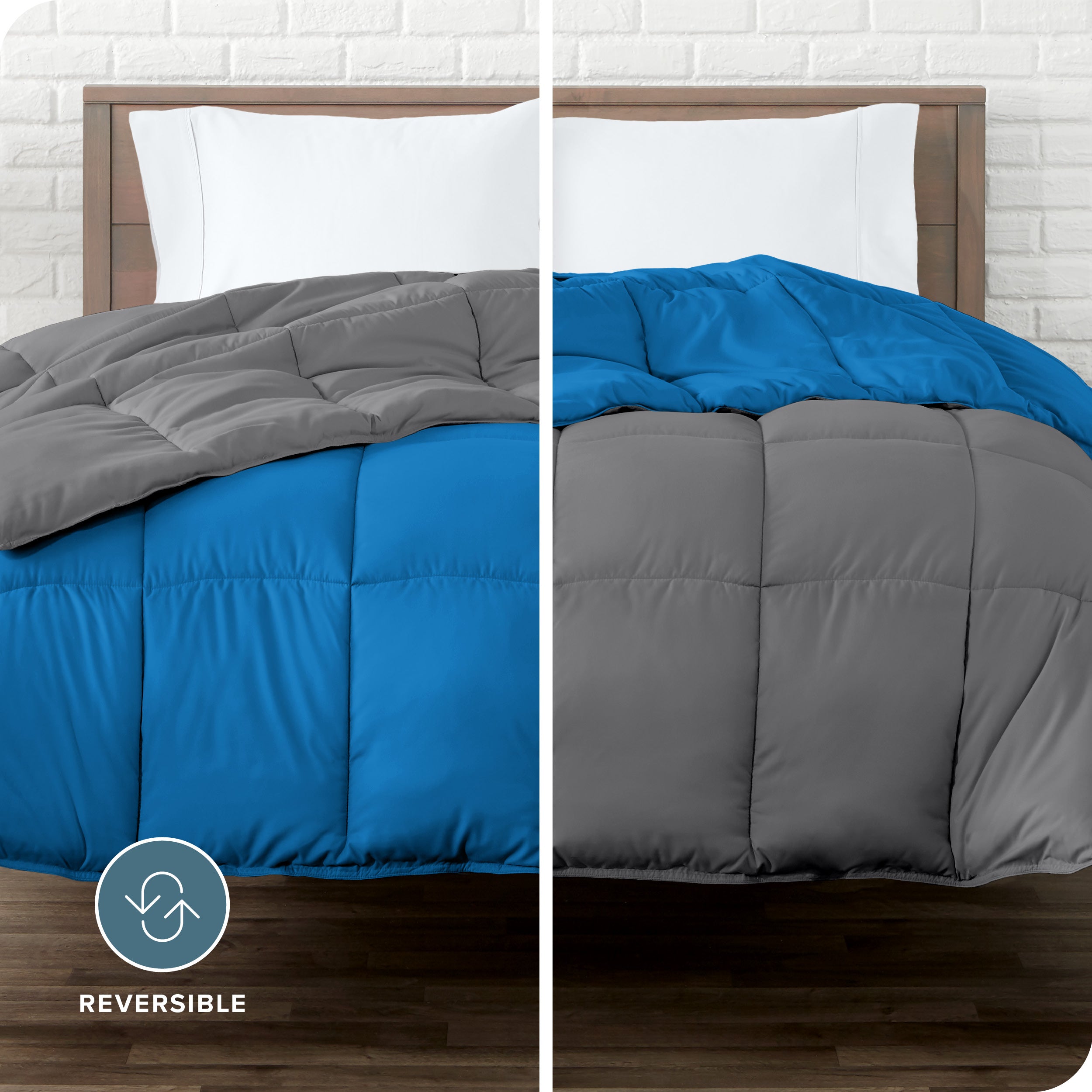 An image divided in two sides showing different side's color of reversible comforter on a bed.