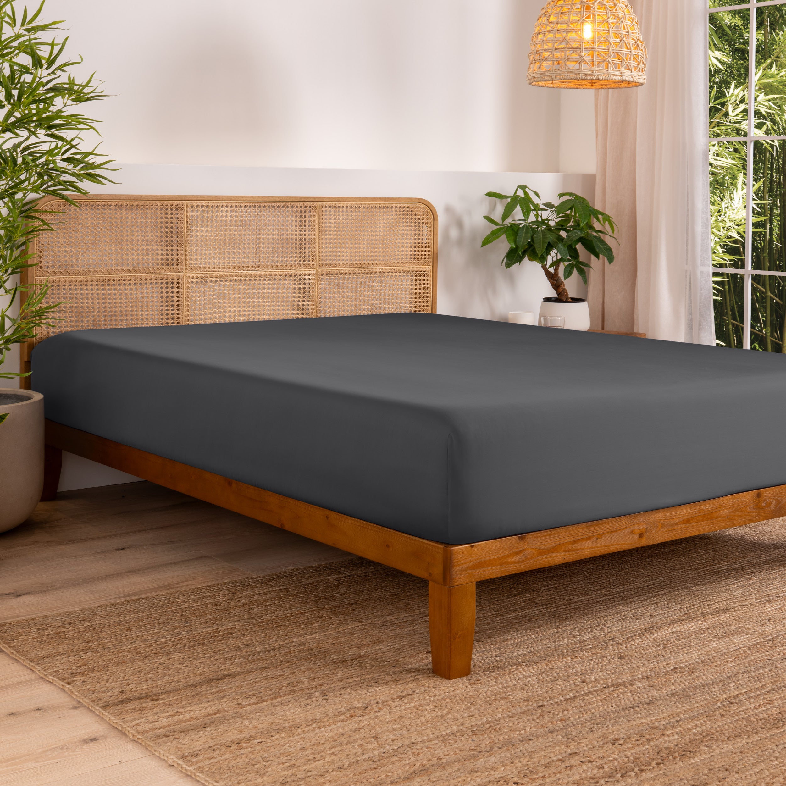 Bed with fitted sheet in a bedroom setting with plants and a lamp.