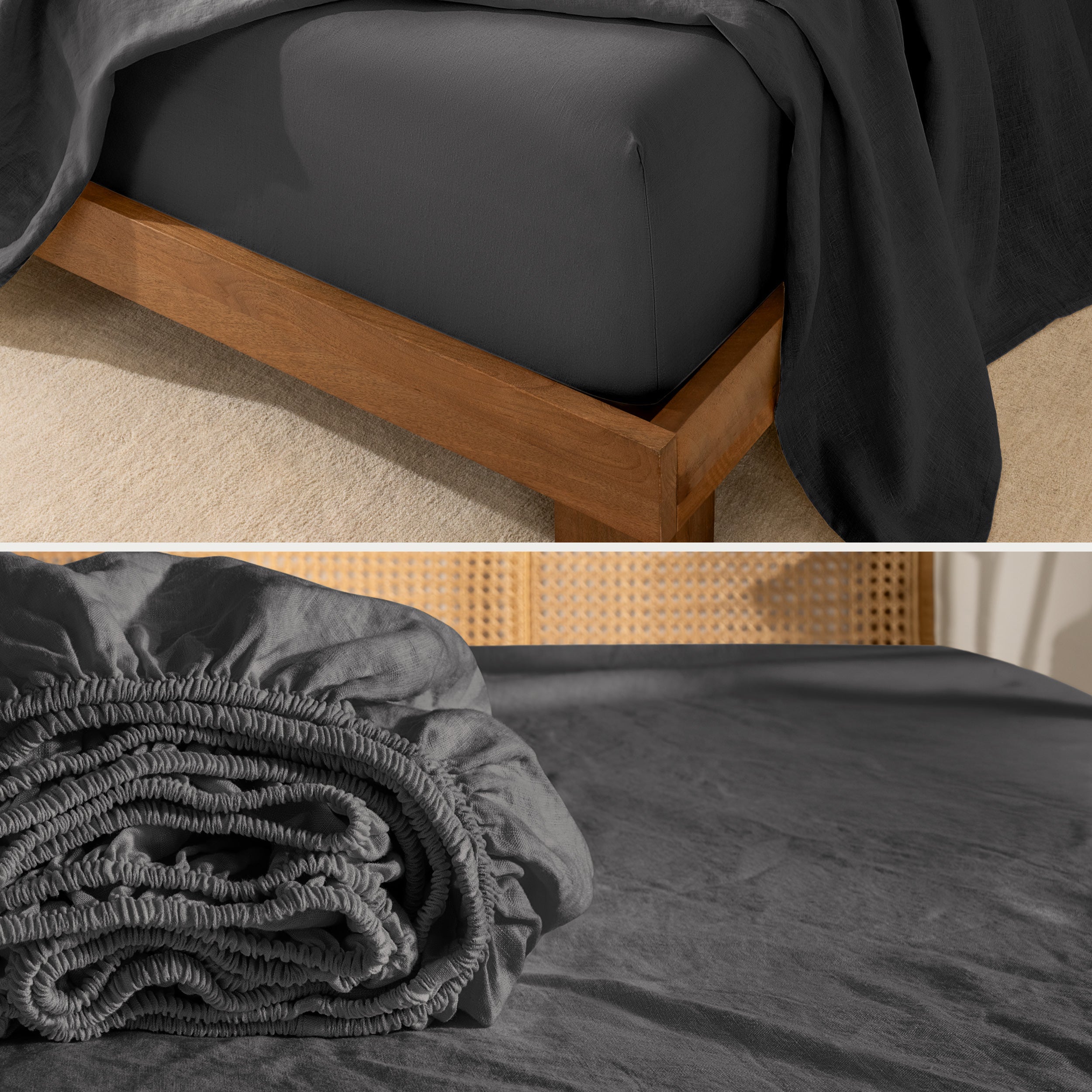 Close up of linen sheet set on a mattress and folded