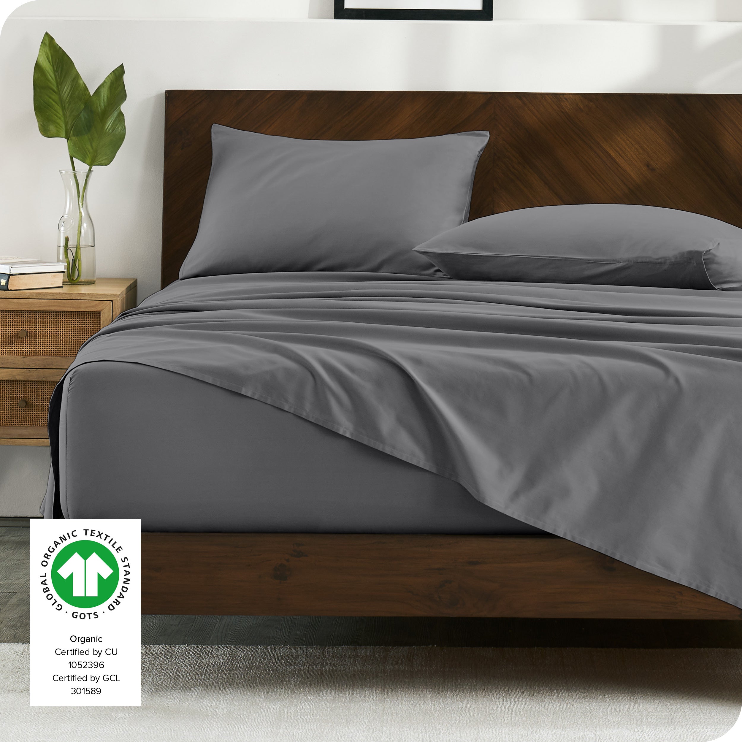Modern bedroom with organic cotton sateen sheets on the bed