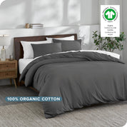 A modern bedroom with an organic cotton duvet set on the bed