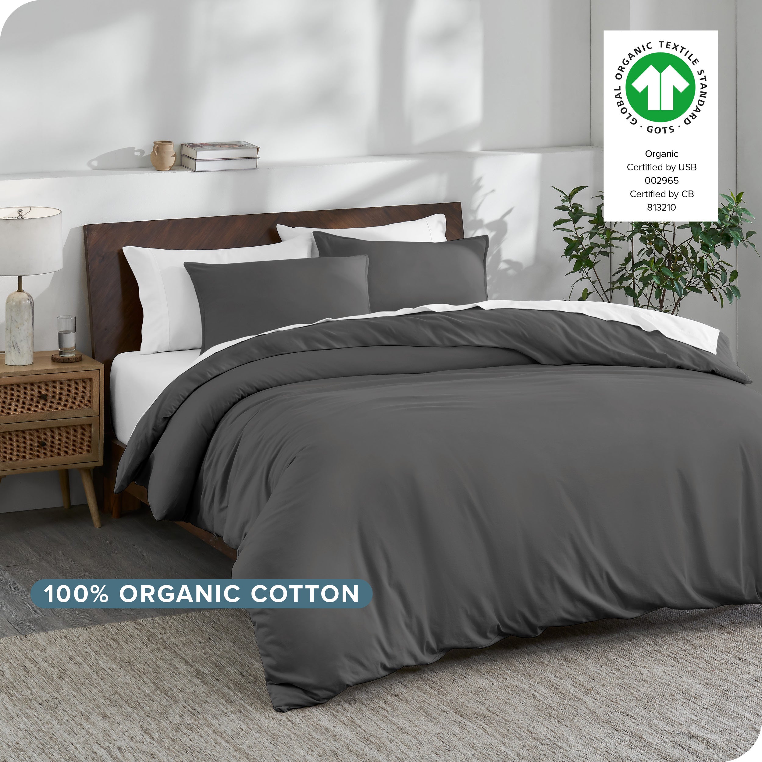 A modern bedroom with an organic cotton duvet set on the bed
