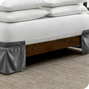 The adjustable elastic belt of a bed skirt wrapped around the mattress