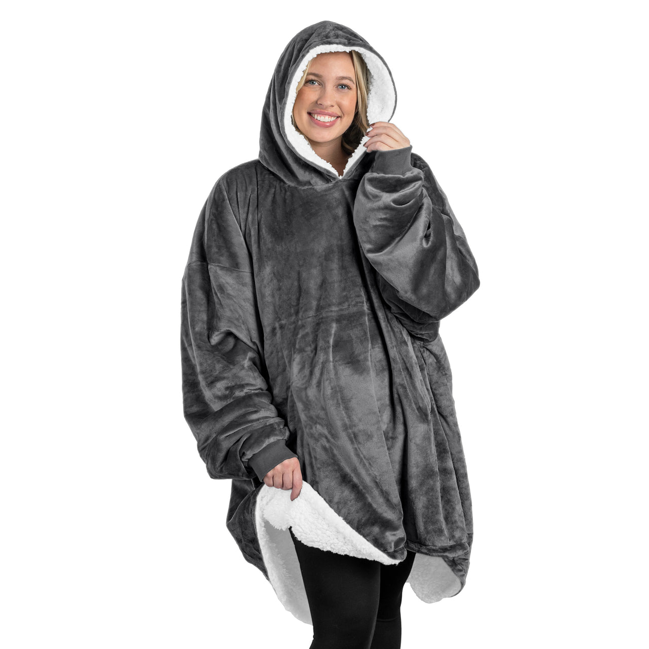 Huggle Hoodie, Fleece & Sherpa Wearable Blanket Hoodie, Gray, Unisex One  Size 