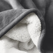 Close up of sherpa blanket showing texture of velvety soft side and sherpa backing