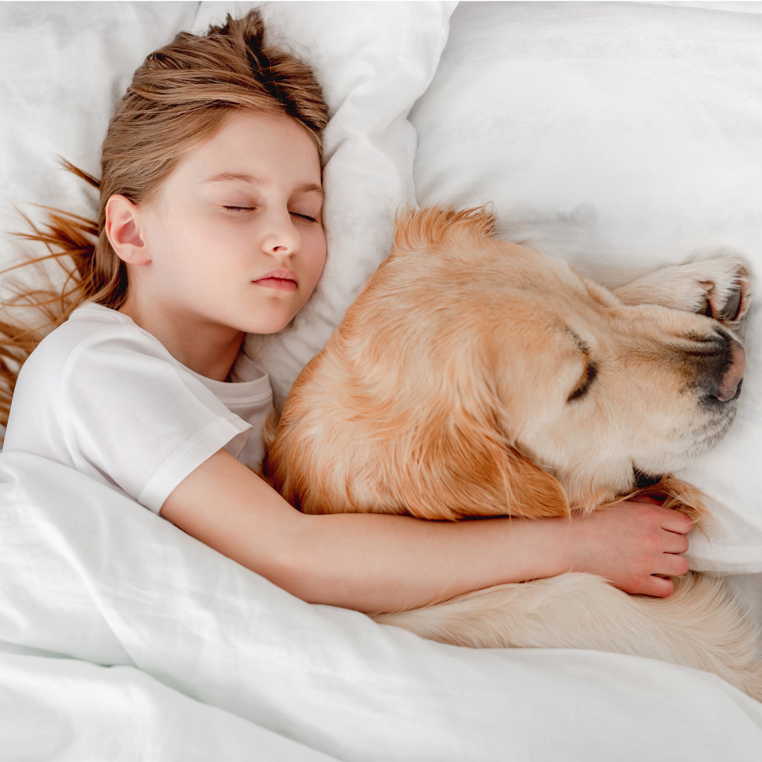 A girl hugging a puppy sleeping on the bed with mattress protector.