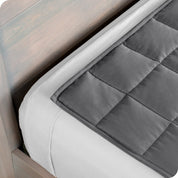 Close up of the corner of a weighted blanket on a bed