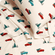 Close up of printed flannel sheets and pillowcases
