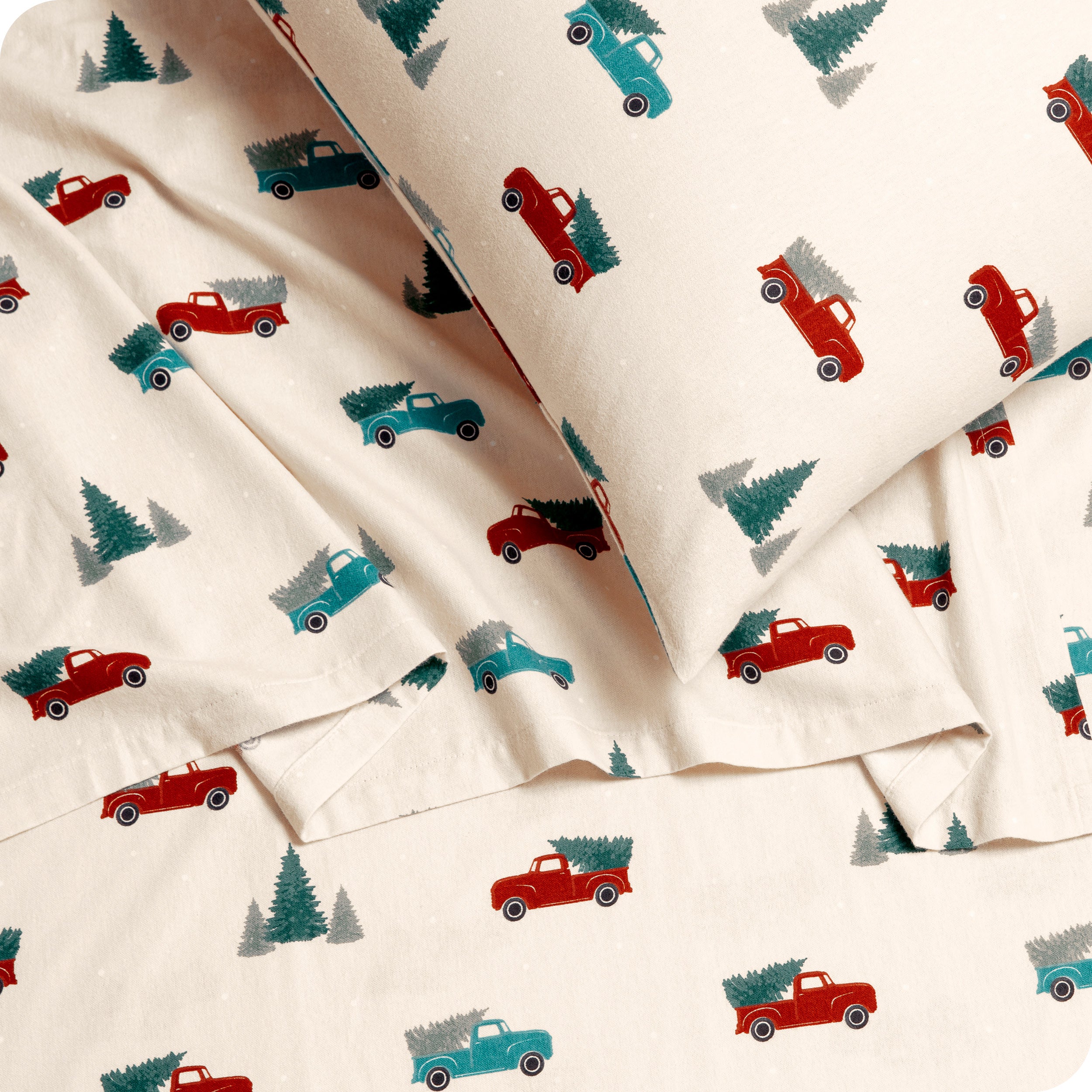 Close up of printed flannel sheets and pillowcases