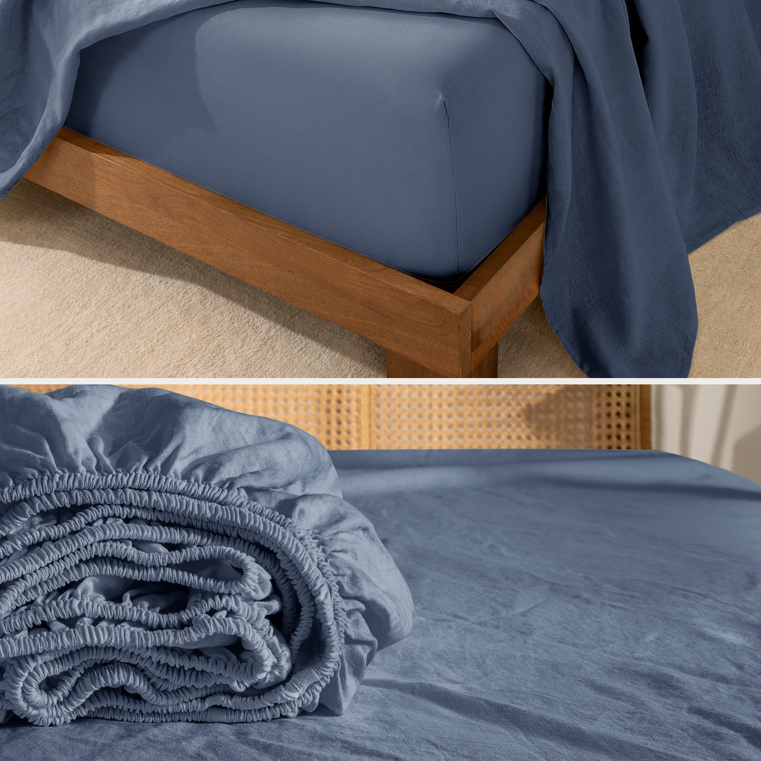 Close up of linen sheet set on a mattress and folded
