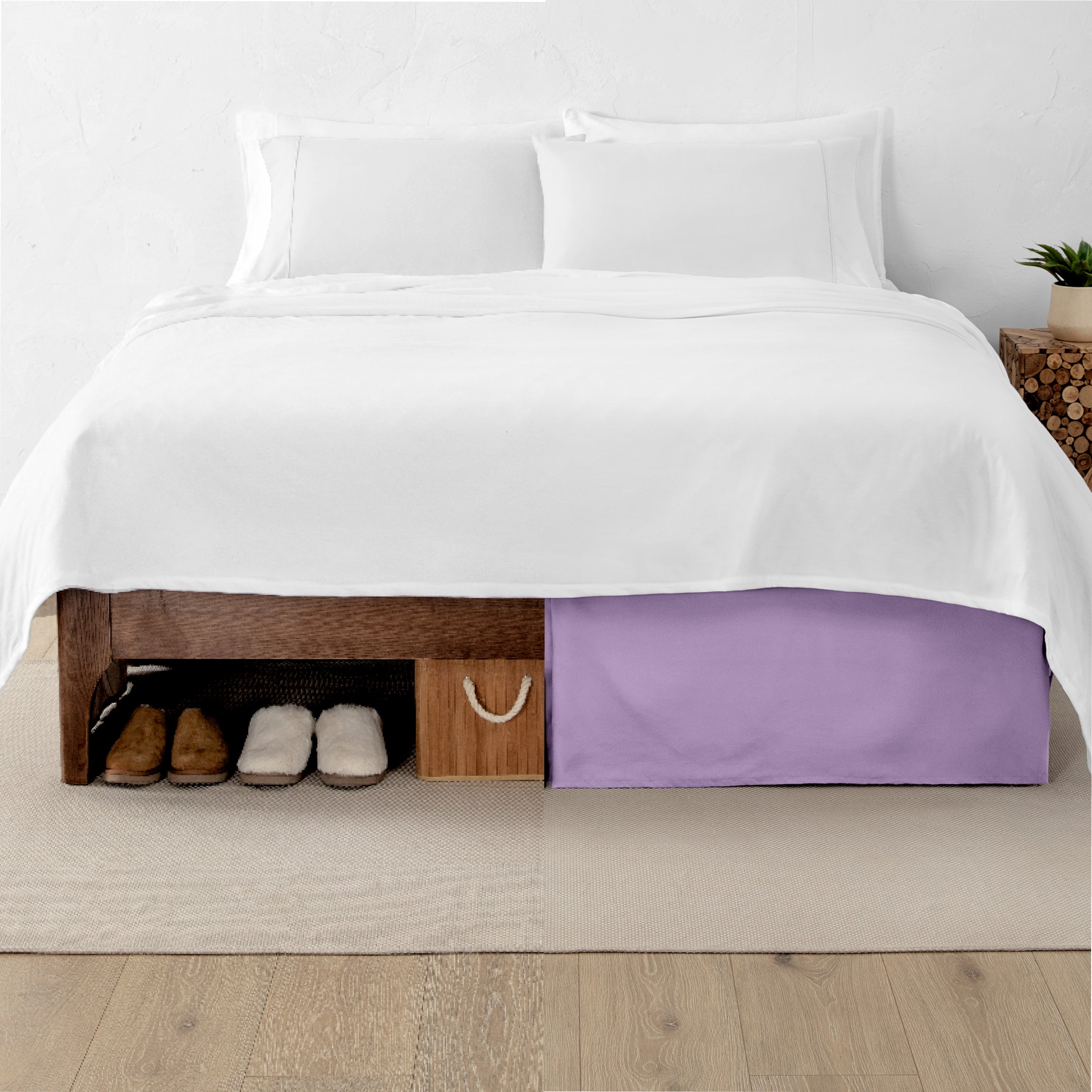 A split image showing a bed without a bed skirt on the left and with a bed skirt on the right.