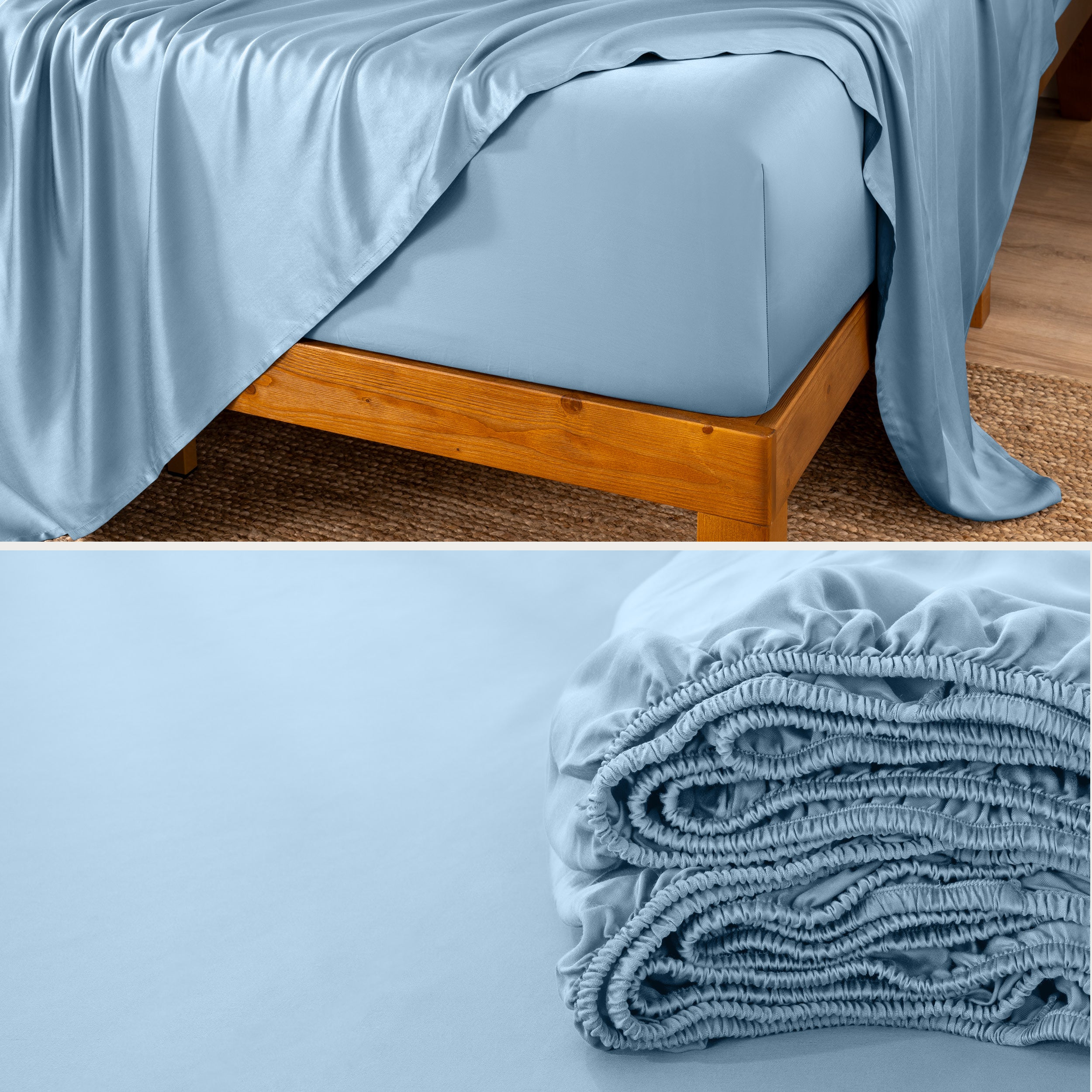 Bamboo fitted sheet on a wooden bed with a close-up of the folded sheet below.