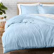 A modern bed with a flannel duvet cover set consisting of the duvet cover and two pillows.