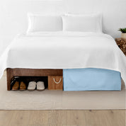 A split image showing a bed without a bed skirt on the left and with a bed skirt on the right.