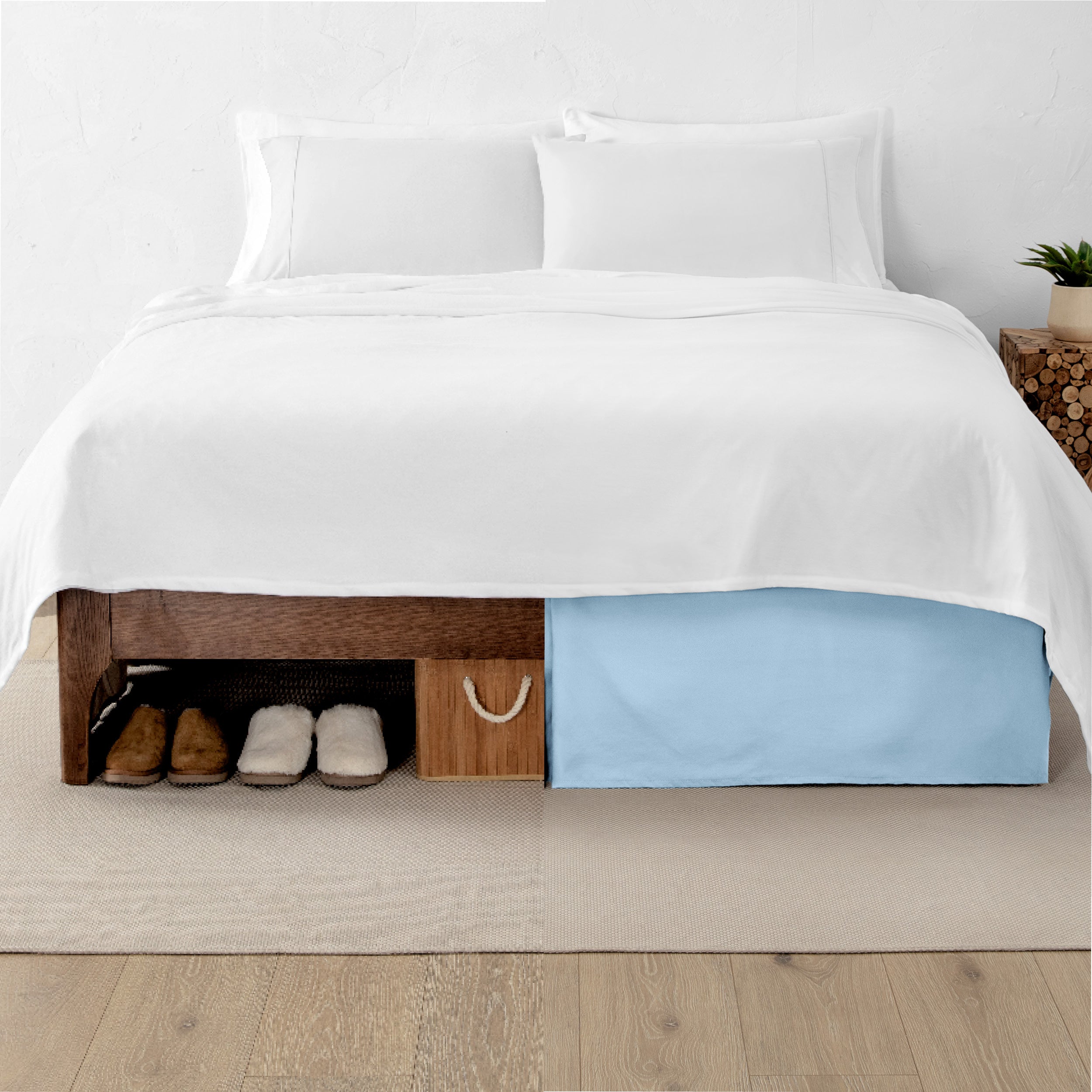 A split image showing a bed without a bed skirt on the left and with a bed skirt on the right.