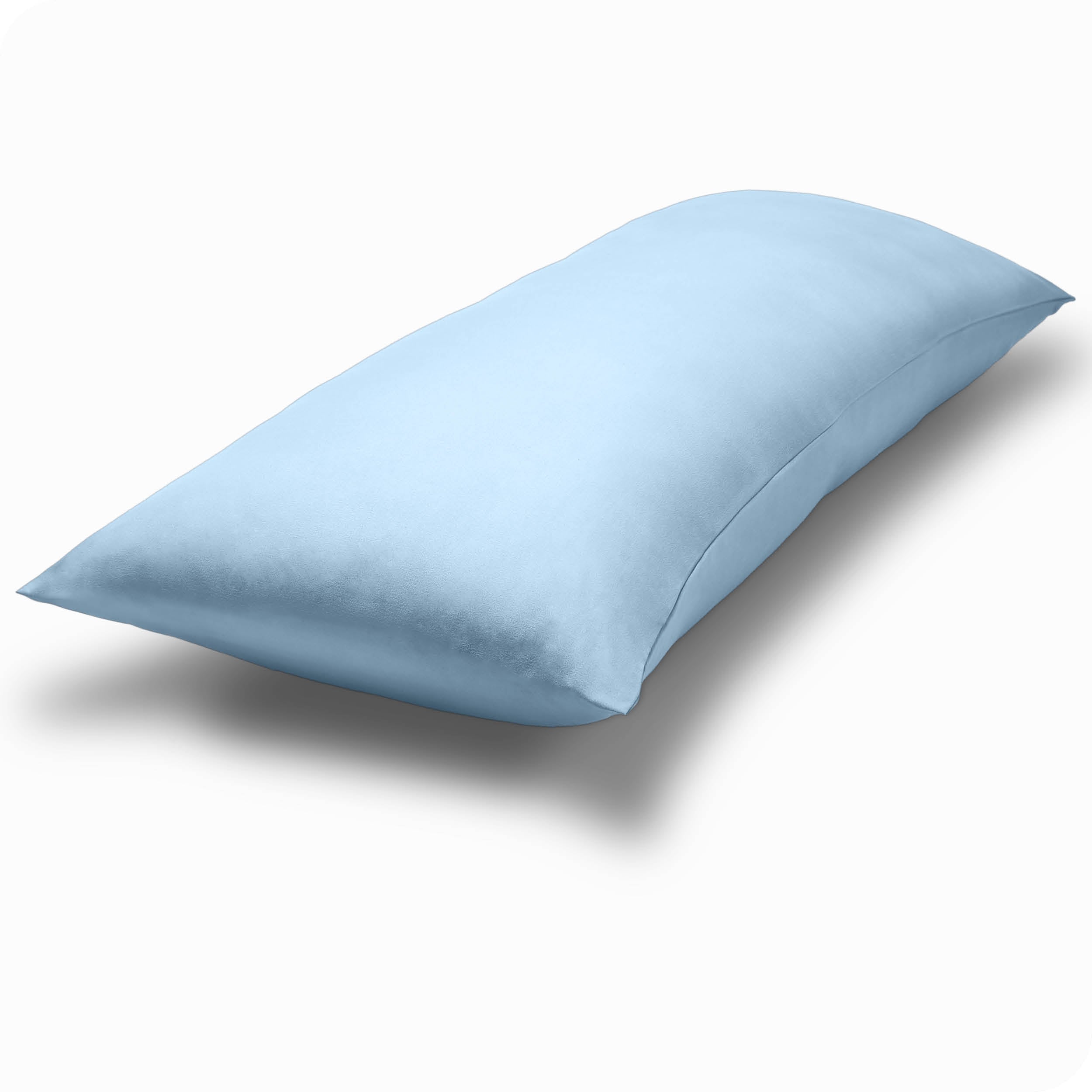 A body pillow cover on a pillow on a plain white background