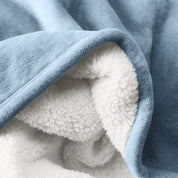 Close up of sherpa blanket showing texture of velvety soft side and sherpa backing
