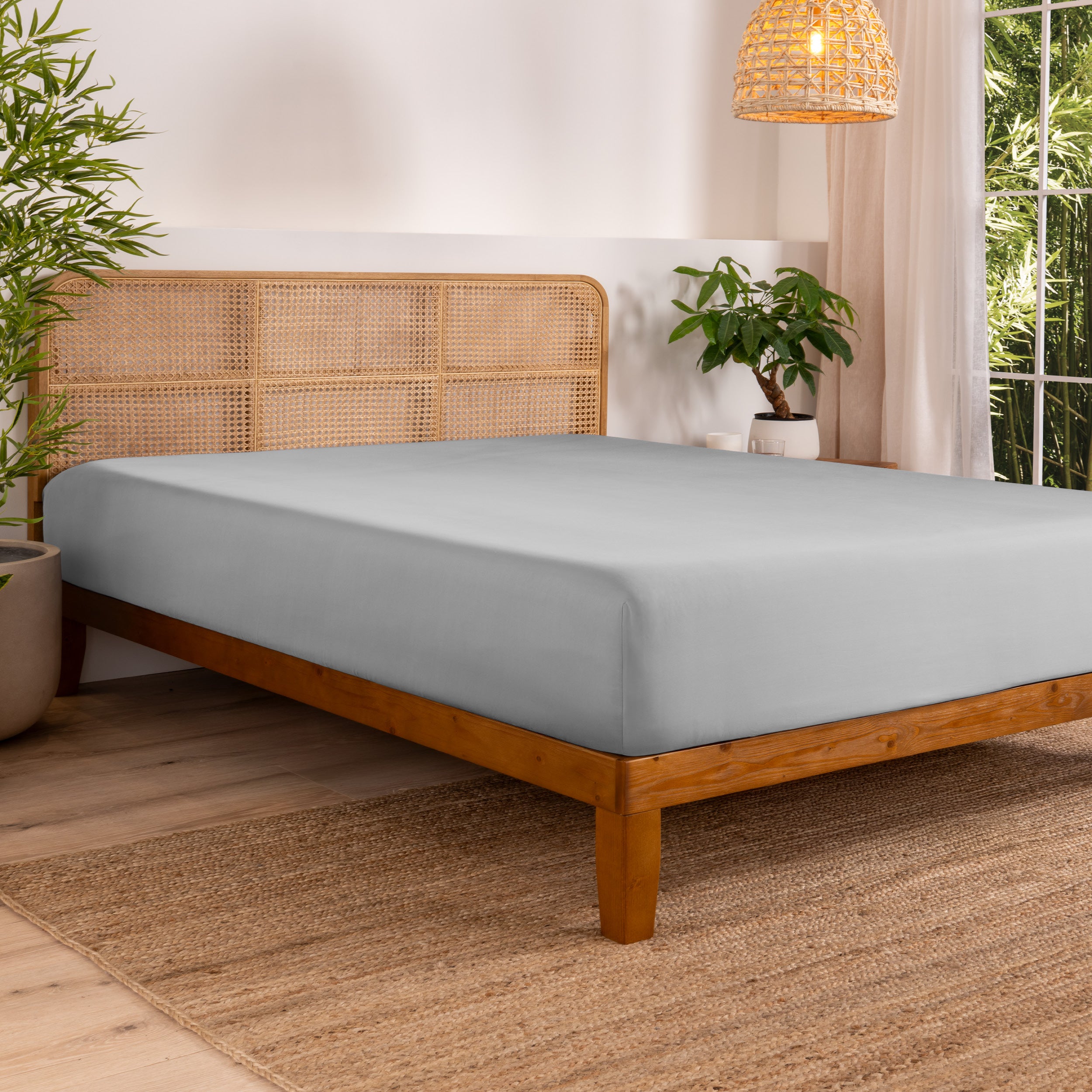 Bed with fitted sheet in a bedroom setting with plants and a lamp.