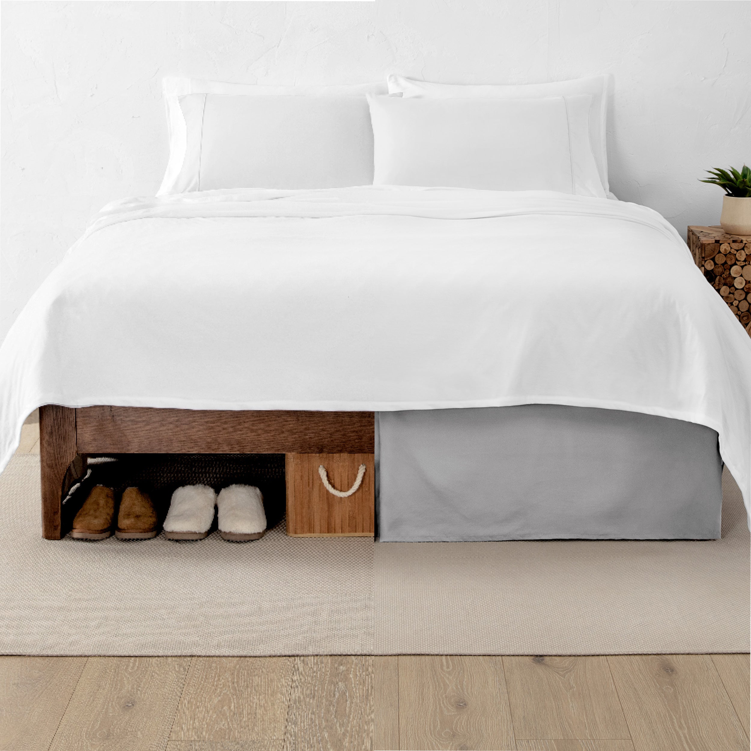 A split image showing a bed without a bed skirt on the left and with a bed skirt on the right.