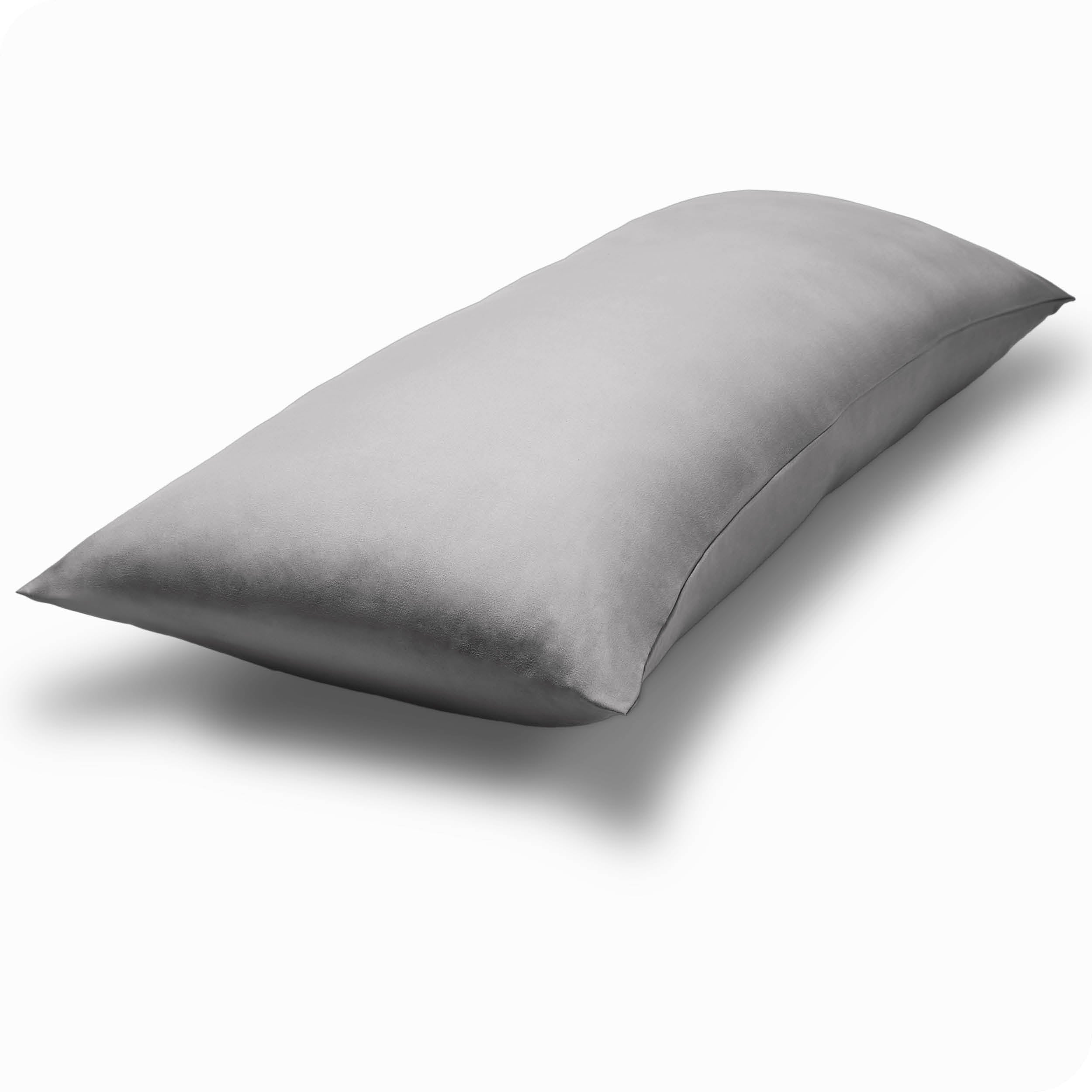 A body pillow cover on a pillow on a plain white background
