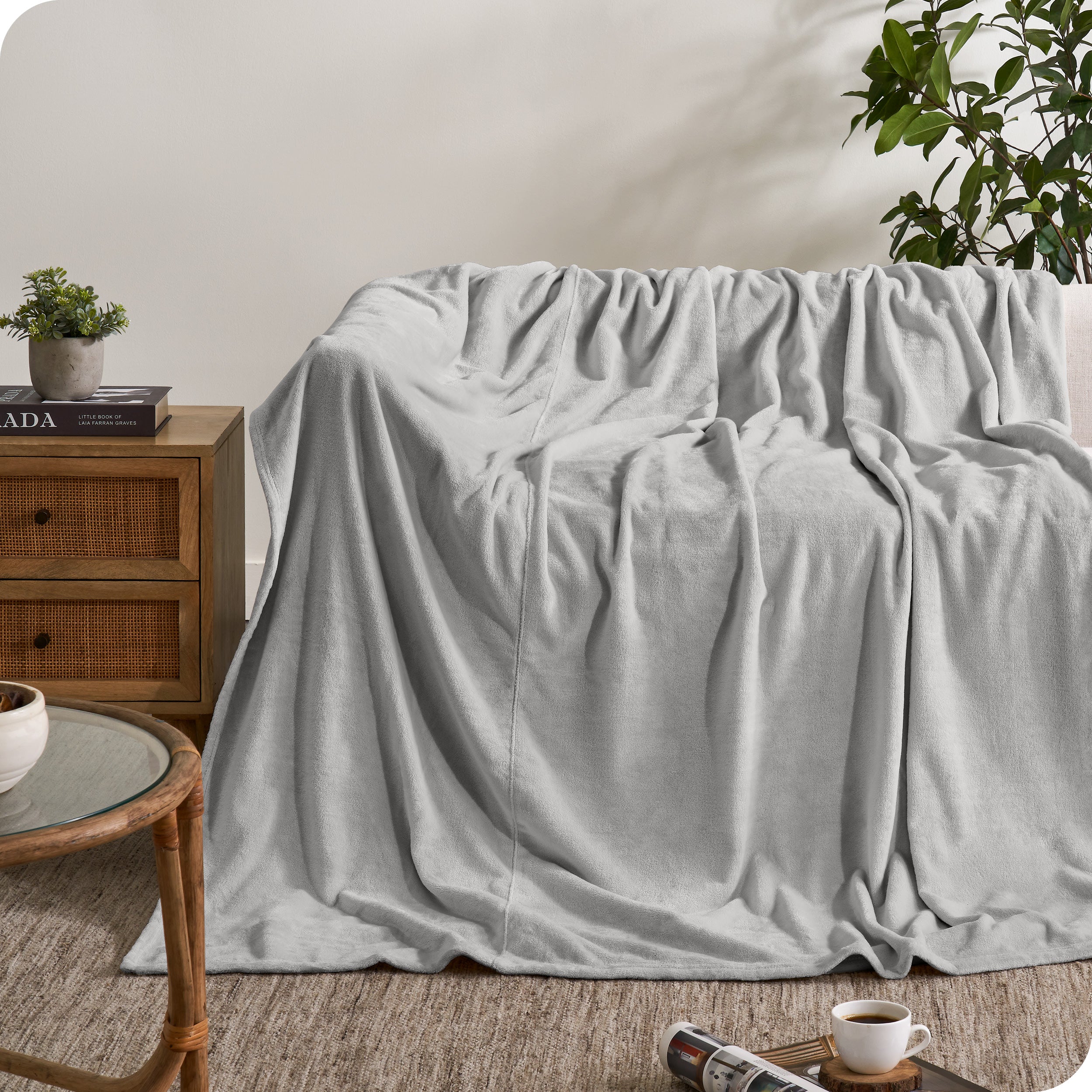 A microplush blanket covering a couch