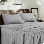 Modern bedroom with organic cotton sateen sheets on the bed