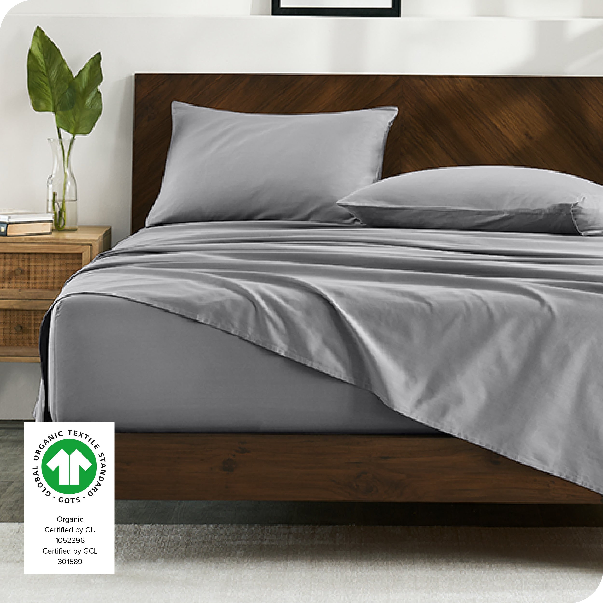 Modern bedroom with organic cotton sateen sheets on the bed