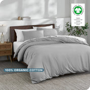 A modern bedroom with an organic cotton duvet set on the bed