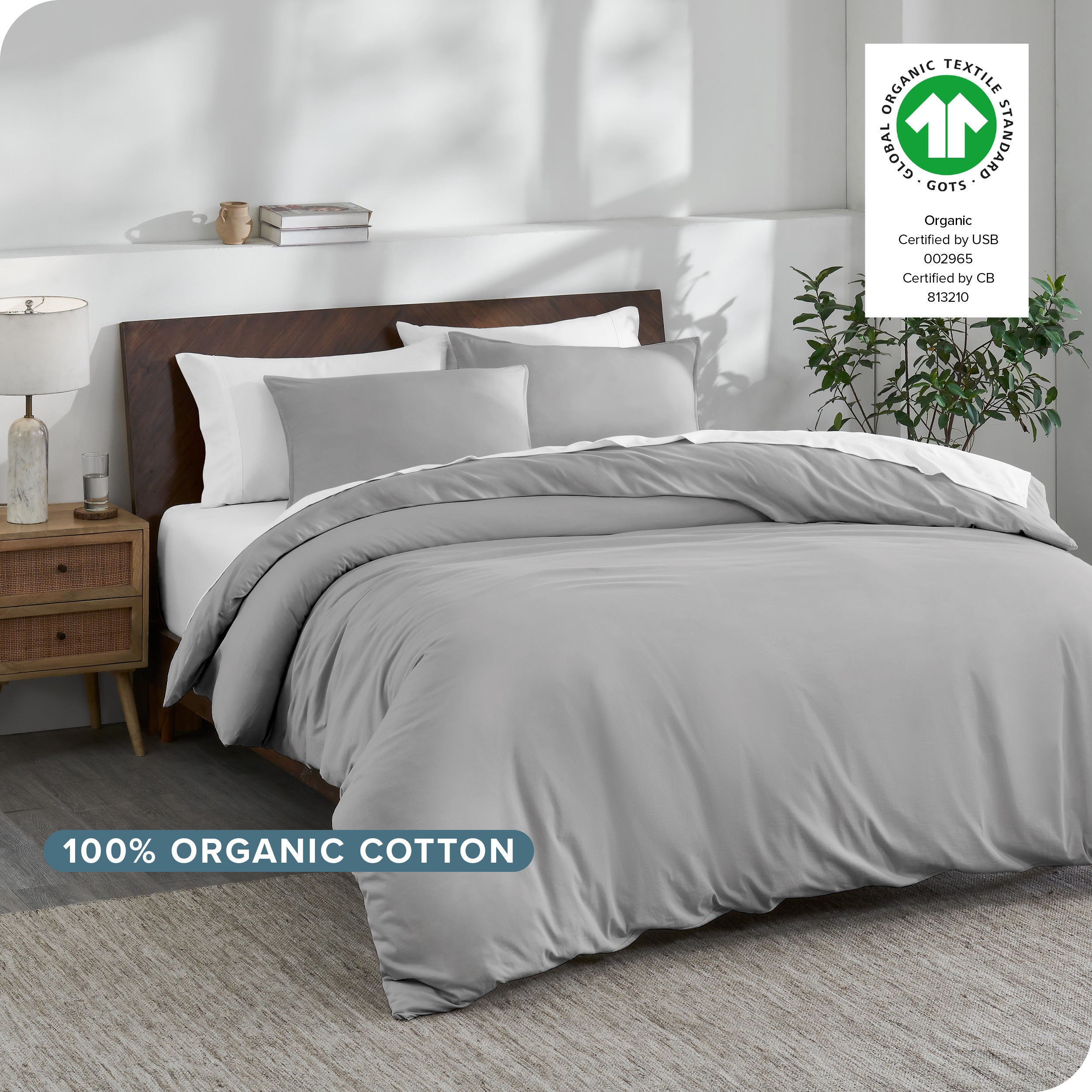 A modern bedroom with an organic cotton duvet set on the bed