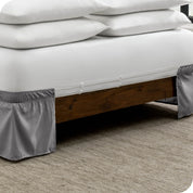 The adjustable elastic belt of a bed skirt wrapped around the mattress