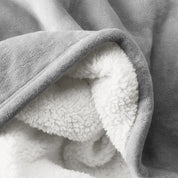 Close up of sherpa blanket showing texture of velvety soft side and sherpa backing