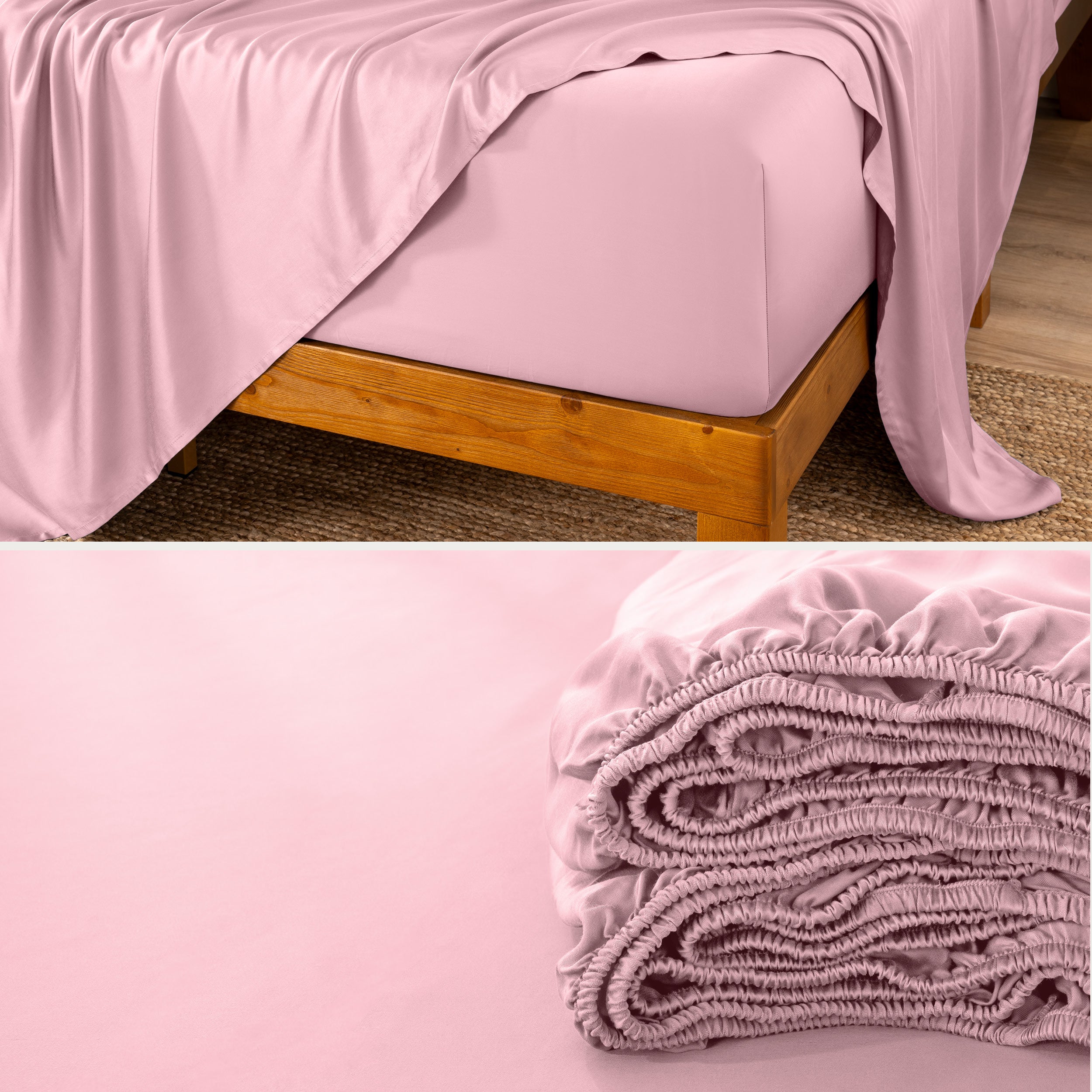 Bamboo fitted sheet on a wooden bed with a close-up of the folded sheet below.
